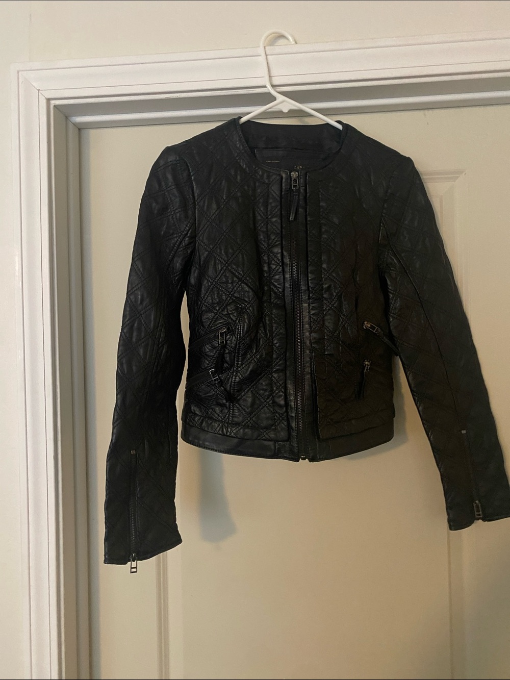 Zara Quilted Black Leather Jacket - Women's Stylish Moto Coat size Medium